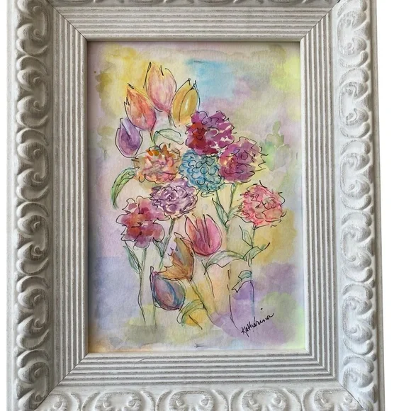 Elegant Floral Watercolor in Ornate Frame - Picture 3 of 8